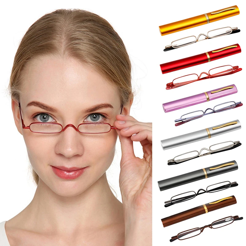 1PC Mini Slim Pen Reading Glasses Metal Small Tube Spring Hinged Reader Eyeglasses With Portable Clip Case Unisex Compact