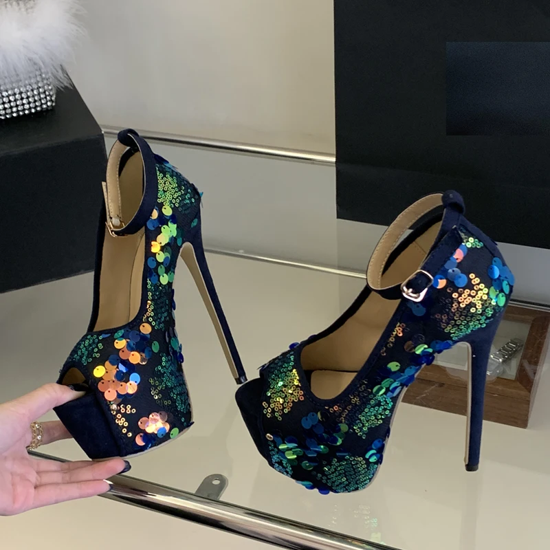 Aneikeh Sexy Blue Elegant Glitter Peep Toe Super High Heels Women Platform Pumps Party Club Stripper Pole Dance Shoes  Mujer
