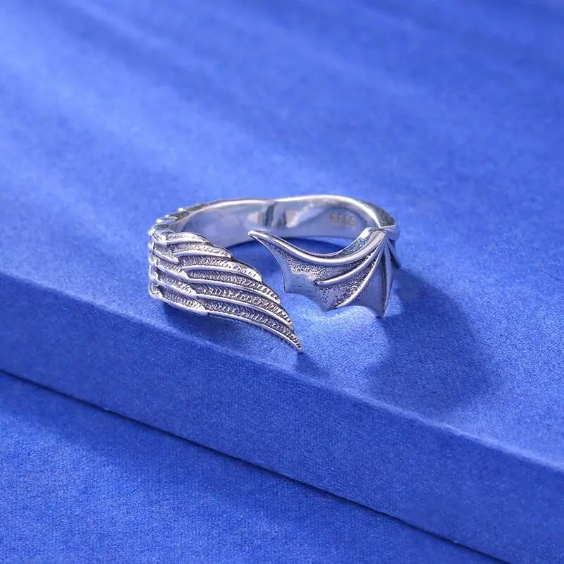 925 Sterling Silver Open Finger Ring Angel Demon Wing Asymmetric Punk For Women Girl Jewelry Gift Dropship Wholesale