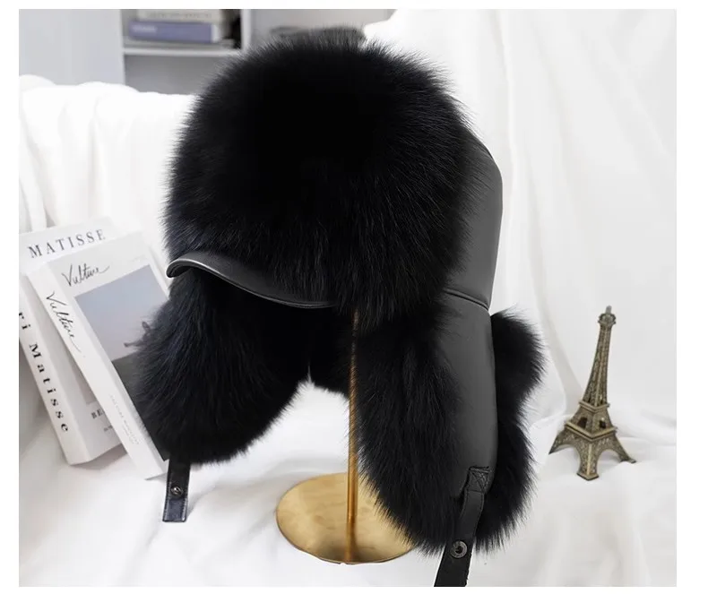 Winter 100% Echtes Silberfuchsfell Bombermütze Waschbärpelz Mütze Neue Herren-Ushanka Trapper Russische Herren-Skimütze Echte Lederkappen – Detail 24
