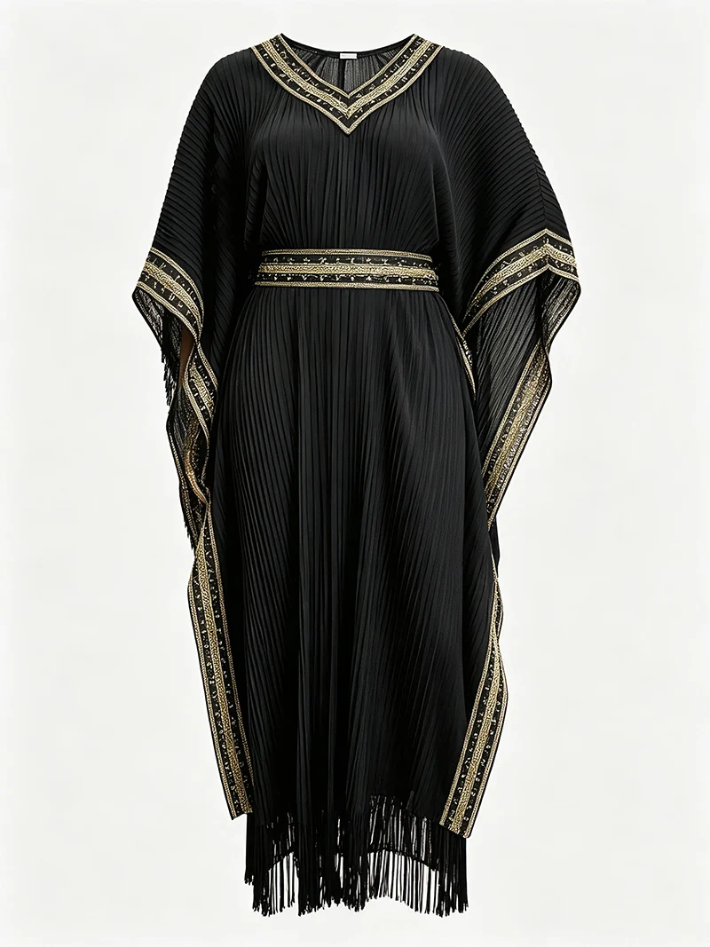 

Black Gold Lace Trim Kaftan Abaya Women V Neck Batwing Sleeve Tassel Hem Pleated Long Maxi Dress Islamic Modest Casual Robe