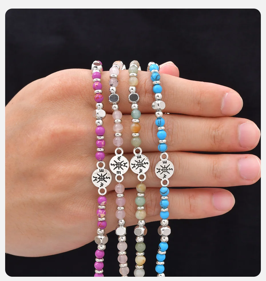 Vnox Kompass-Perlenarmbänder für Männer und Frauen, Türkis Hellblau Rosa Lila Stein Verstellbar 19-24cm, Boho Abschlussgeschenk Neu – Detail 2
