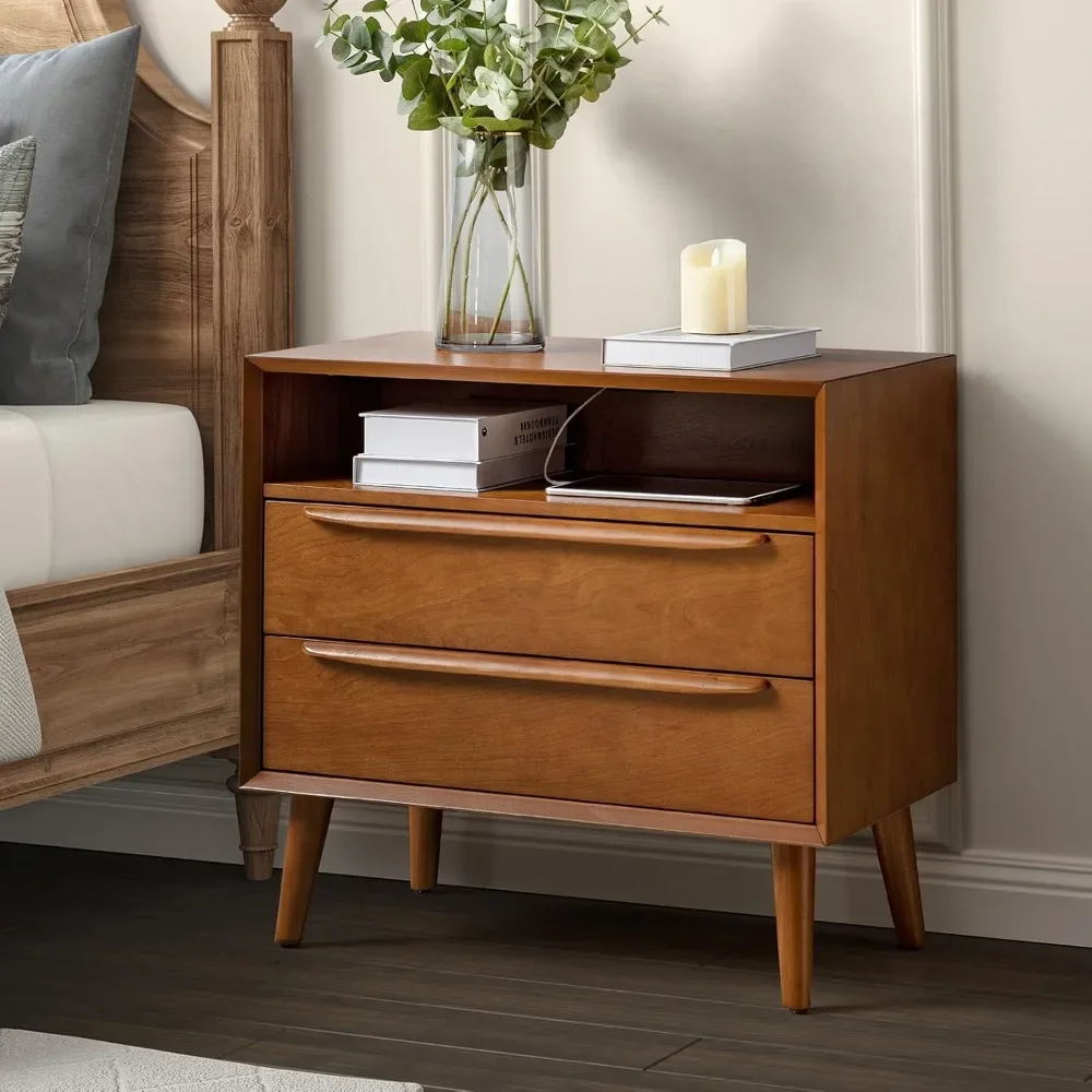 Nightstand with Charging Station, Mid-Century Modern 2 Drawer and Open Shelf Dresser for Bedroom, Fluted Bedside Table