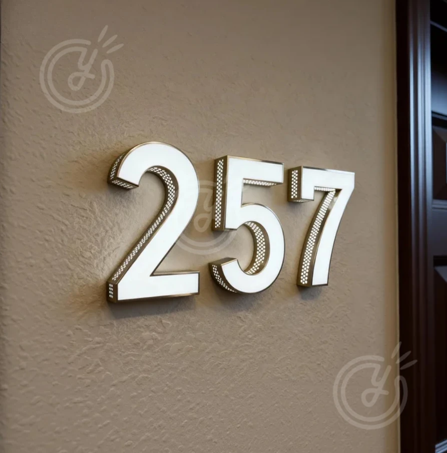 ป้ายร้านตัดผมโลโก้สีทองสำหรับธุรกิจ ป้ายตัวอักษรหรูหราแบบ 3 มิติ พร้อมไฟ LED สำหรับตกแต่งภายนอกอาคาร ของตกแต่งโฆษณา ป้ายหน้าร้านแบบกำหนดเอง