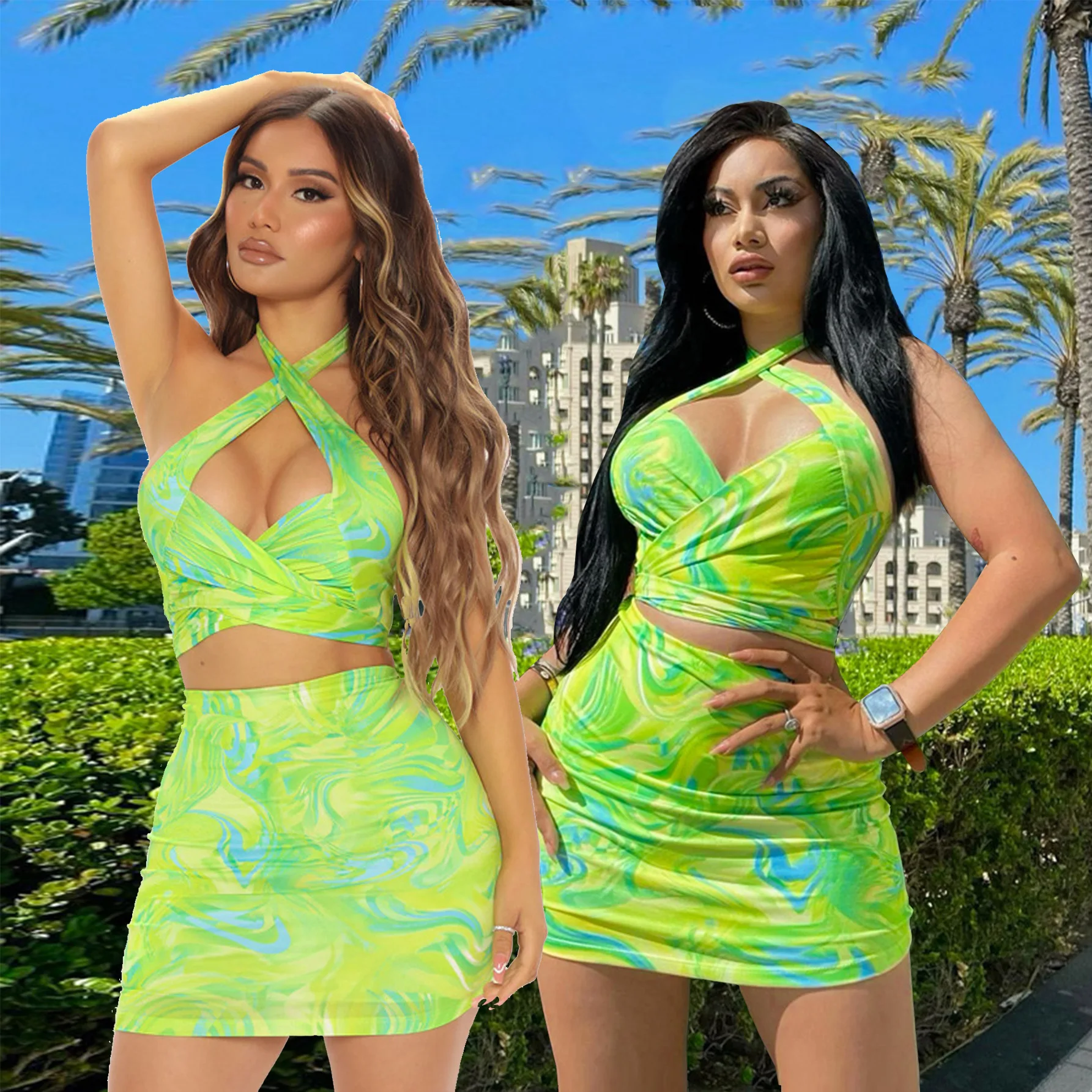 

2025 модная женская одежда, сексуальная тонкая юбка с воротником, комплект из двух предметов, женская повседневная зеленая без рукавов