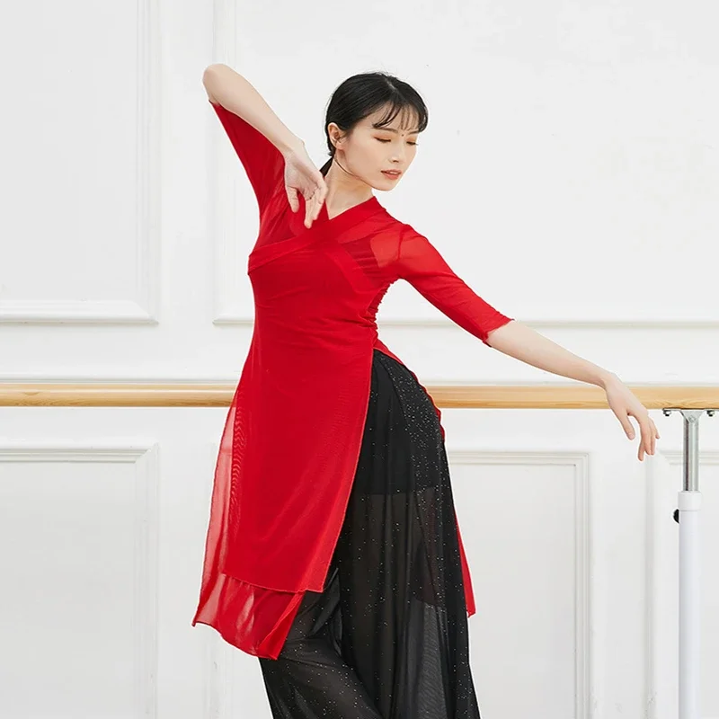 

Modern Dance Top Women Side Split Bilayer Front Gauze Sheer Middle Shirt Blouse See Through Body Rhyme Folk Hanfu Practice Tops