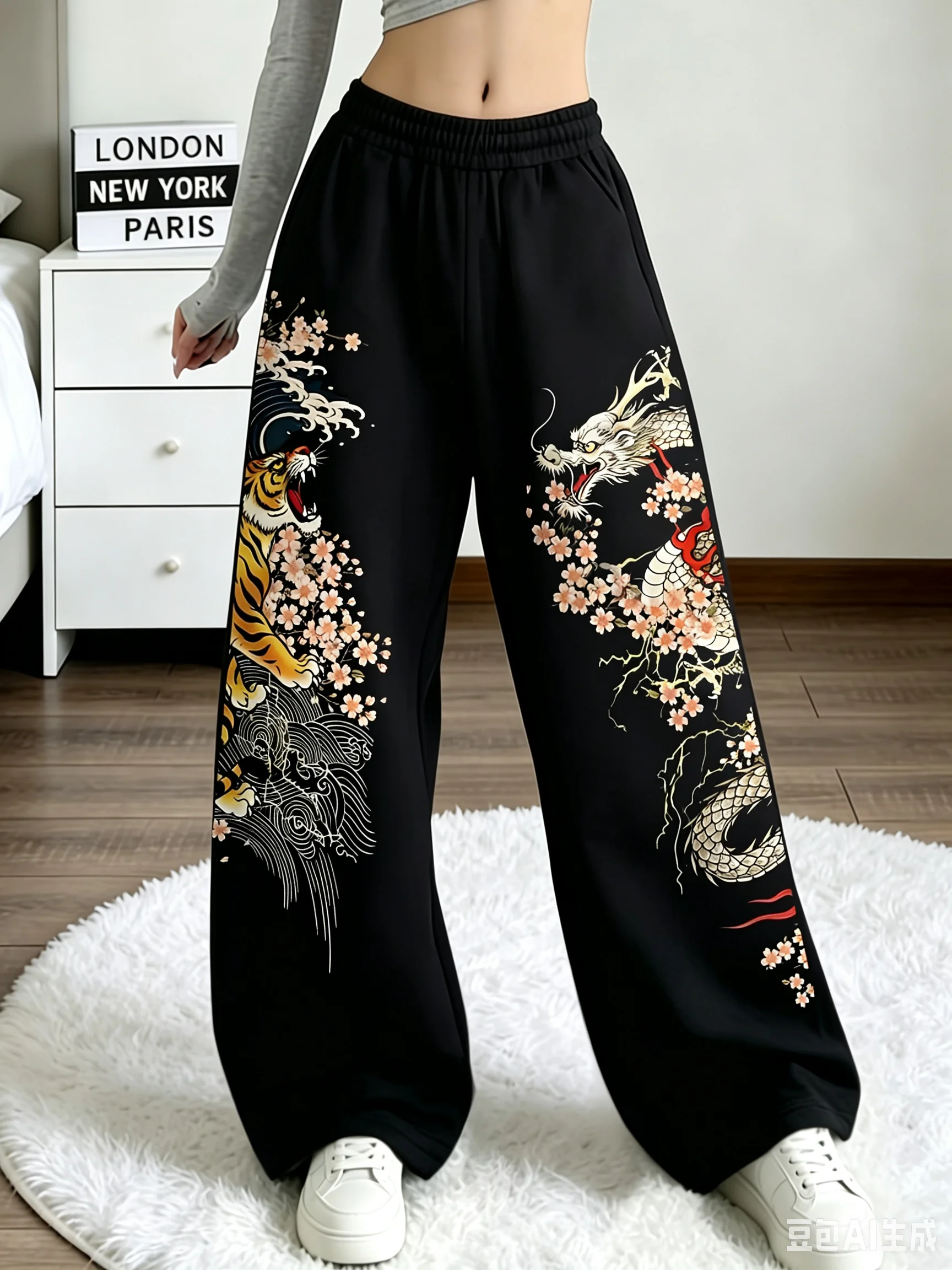 Dragon Tiger Cherry Blossoms Ink Painting Tiger Xianglong Vacation Style 3D Printing Niche Lazy Style Versatile Pants