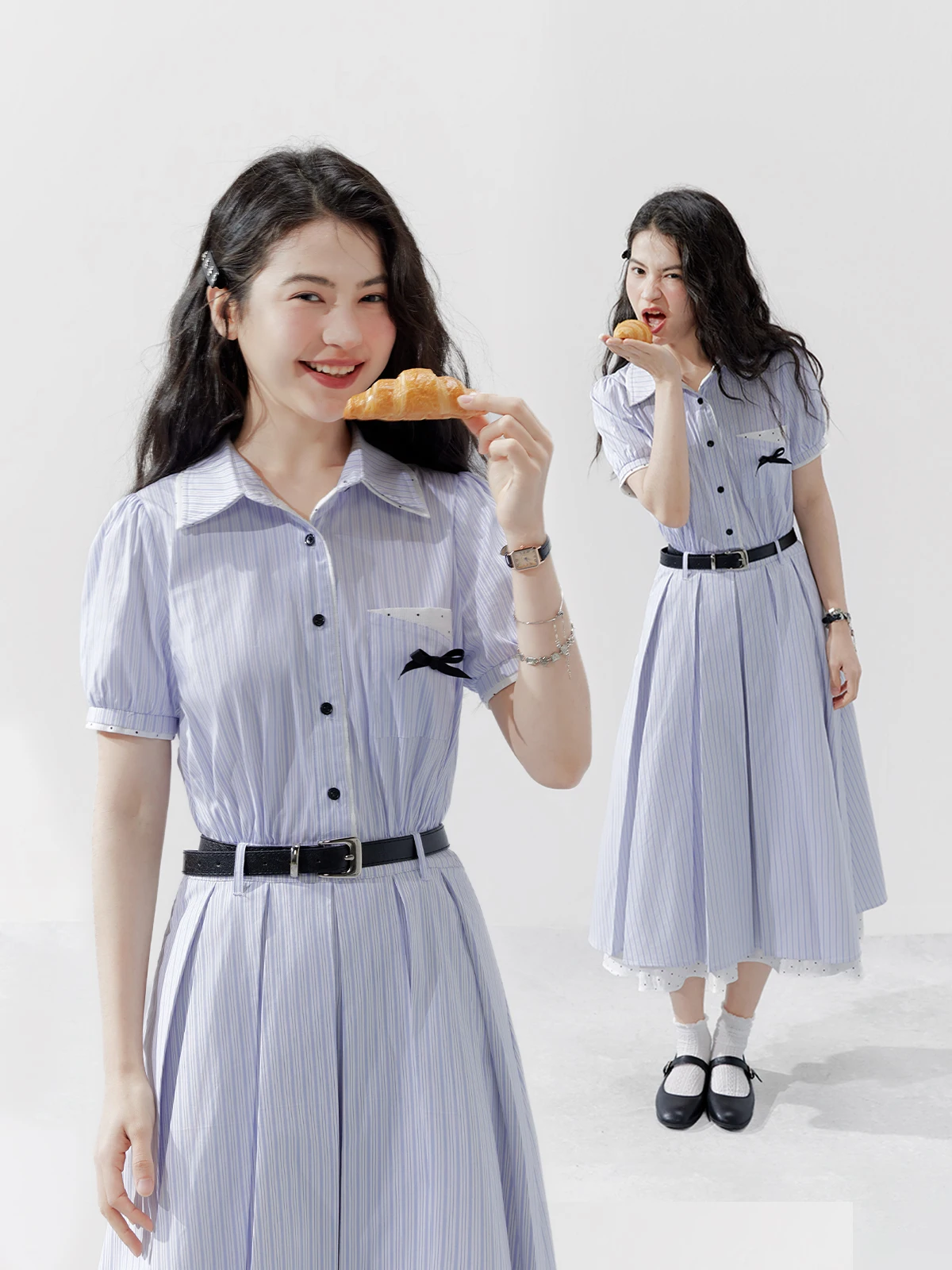 

Blue Striped irt Dr Women's plus Size Summer Casual Mid-Length Casual Cotton Cheese-Eating Large Mouth Dr
