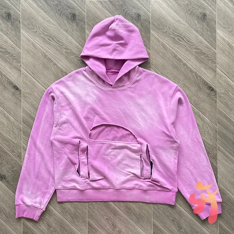 

24FW Vintage High Street Washed Cut Ripped Hoodie Casual Solid Color Men Women Kanye Hoody Pink Purple Hooded Sweatshirts