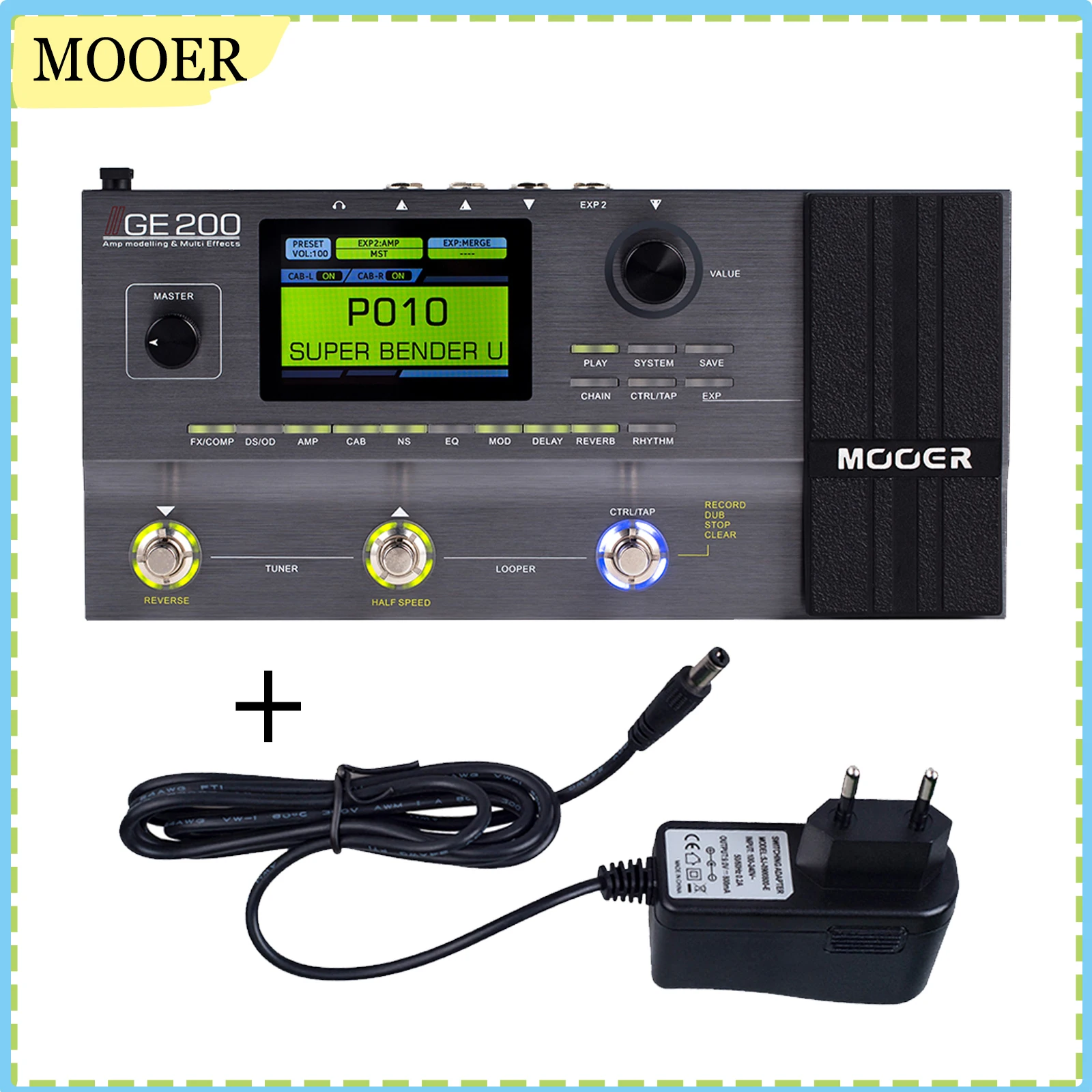 MOOER GE200 أمبير النمذجة متعددة التأثيرات معالج الدواسة تأثير الغيتار الرقمي دواسة 55 أمبير نماذج 9 وحدات تأثير 52s Looper