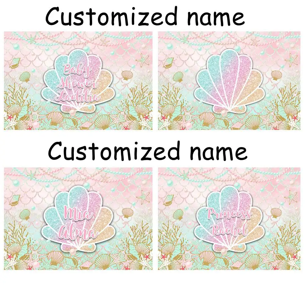 Mocsicka 인어 생일 파티 사진 배경 장식 셸 진주 신생아 Photoshoot 베이비 샤워 배경 이름을 사용자 정의