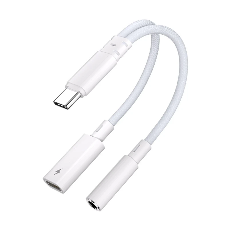 2025 New 2 In 1 USB C Headphone Charging Adapter Splitter Converter Cord Wire Type C to 3.5mm Port Build-in Decoding Chip White