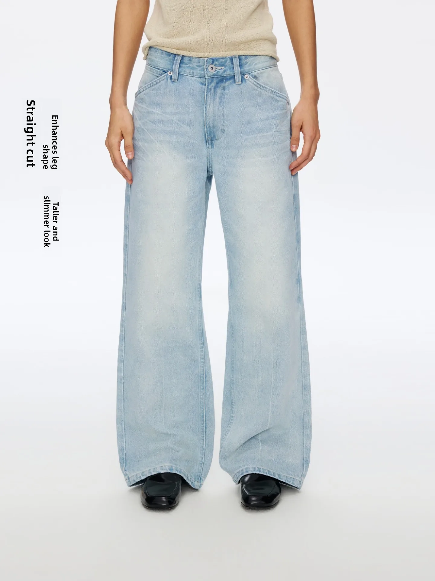 

Retro Washed Light Blue Denim Jeans Women's Spring Loose Wide Leg Straight Cut Cotton Casual Trousers Breathable Comfortable