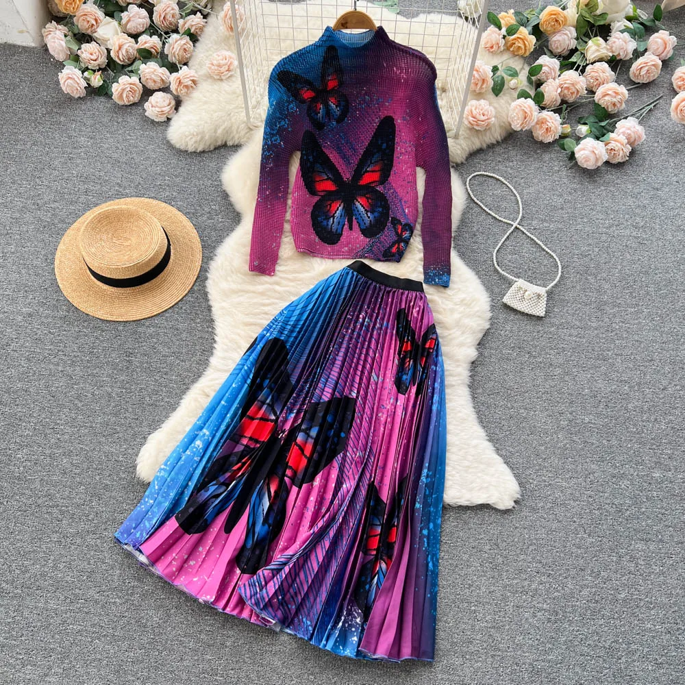 

Autumn Butterfly Print Stretch Two Pieces Set Women Turtleneck Long Sleeve Pullover Top + Elastic Waist Pleated Midi Skirt Suit