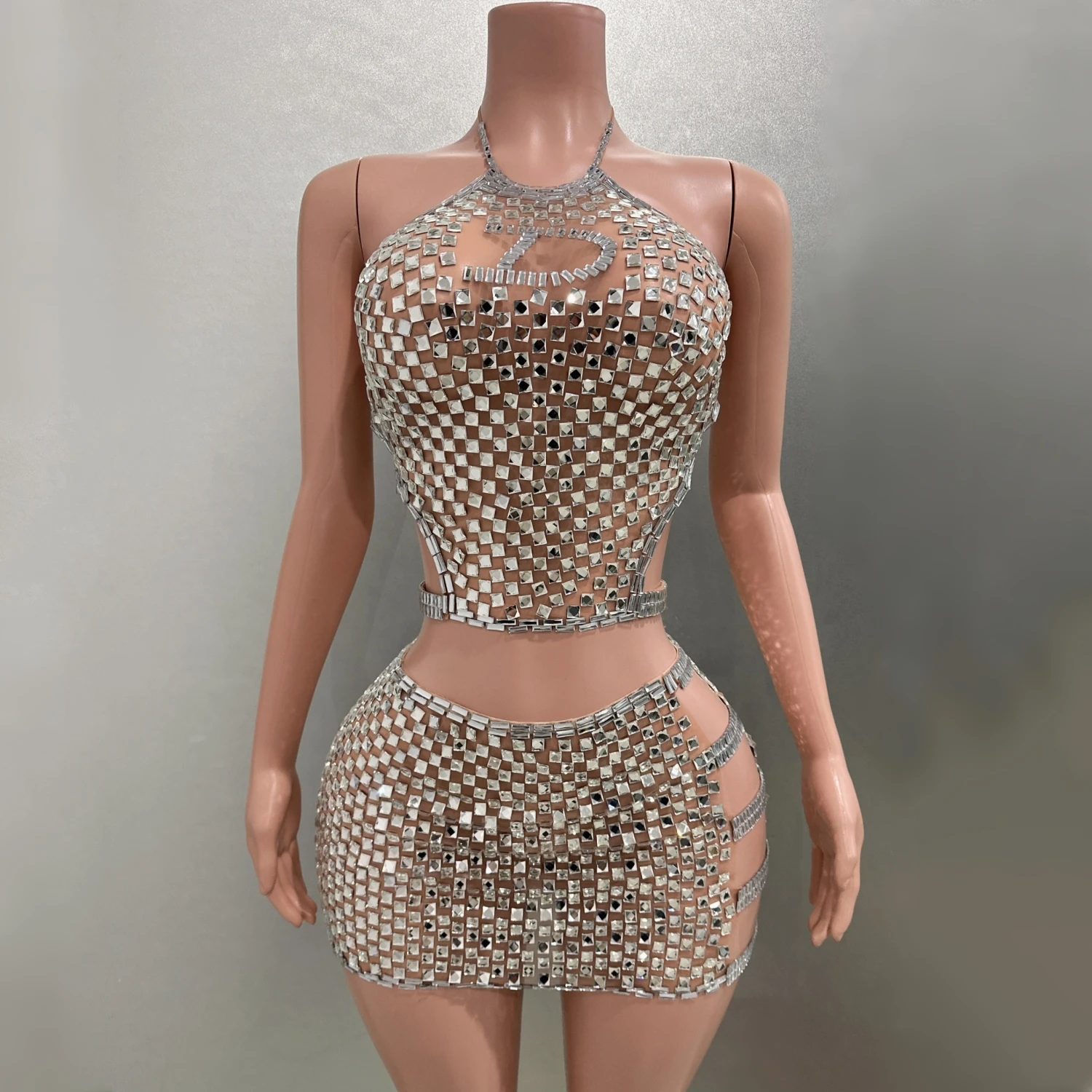 Shinning Crystal Diamonds Sliver Sexy See-Through Mini Sheath Two-Pieces Women Birthday Party Celebrate Performance Costume Suit