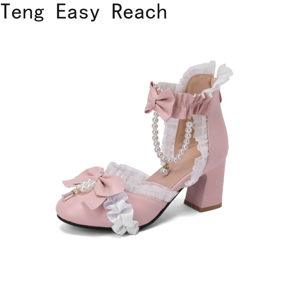 Sandalias Lolita Mary Jane para Niñas, con Tacón Abierto, Adorno de Cuentas, Lazo Femenino, Borde de Encaje, Cierre Trasero con Cremallera, Estilo Princesa, Zapatos de Tobillo, Nuevas