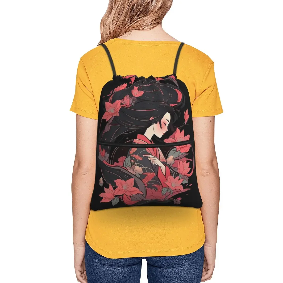 Beautiful Floral Geisha Portable Backpack Drawstring Bag Casual Drawstring Bundle Pocket Sundries Bag For Travel Sport Man Woman