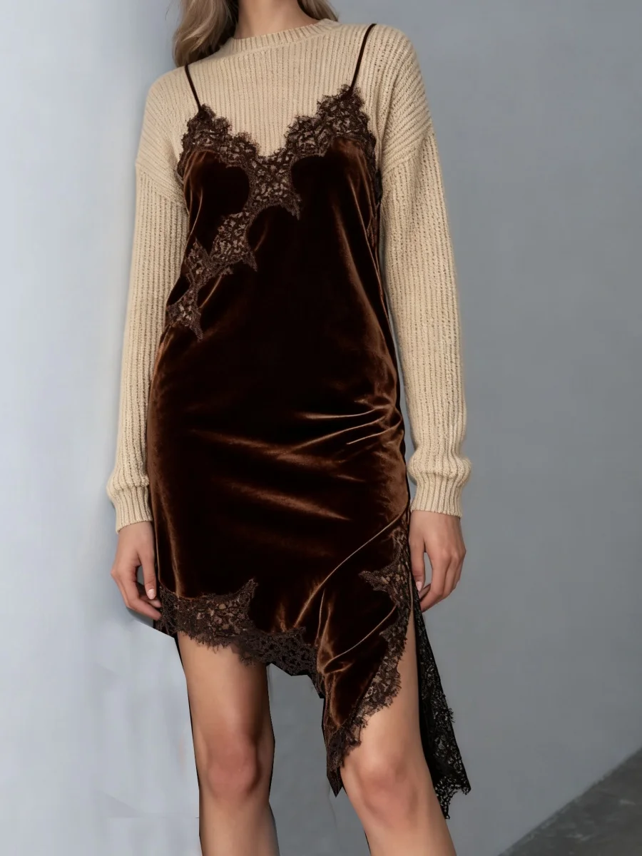 Women Chic Velvet Lace Camisole Sleeveless Backless Spaghetti Strap Lace Trim Tank Top Asymmetrical Flowy Cami Top Velour Dress