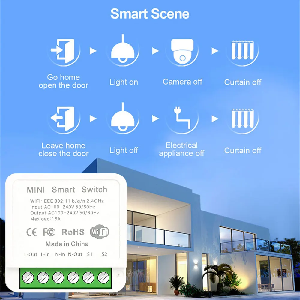 16A Tuya WiFi Smart Switch Module 2-way Control Mini Switch Breaker Smart Life Work With Alexa Google Alice Remote Control Light