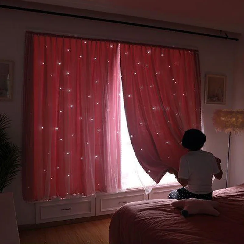 Punch Free Window Curtains Hollow Star Blackout Curtain Drapes No-punch Easy to Install Home Decorations for Bedroom Girl's Room