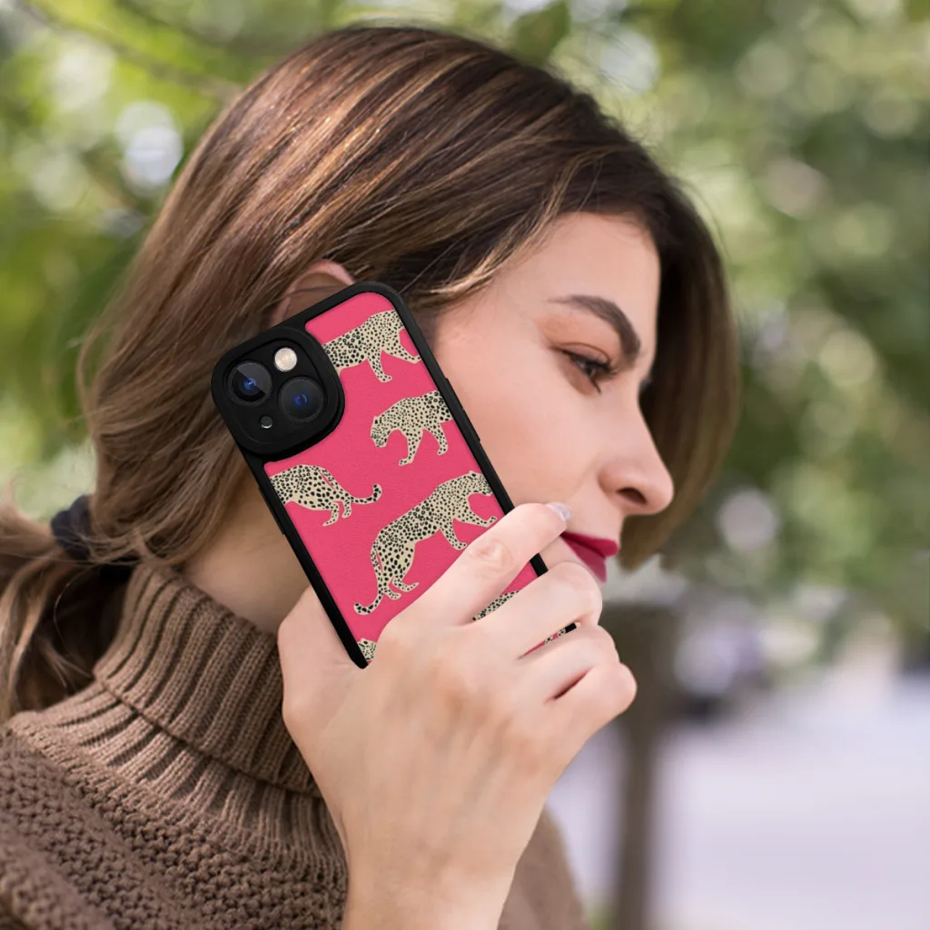 Pink Leaping Leopard Phone Case For iPhone 15 Pro Max Plus Soft  Silicone Cover