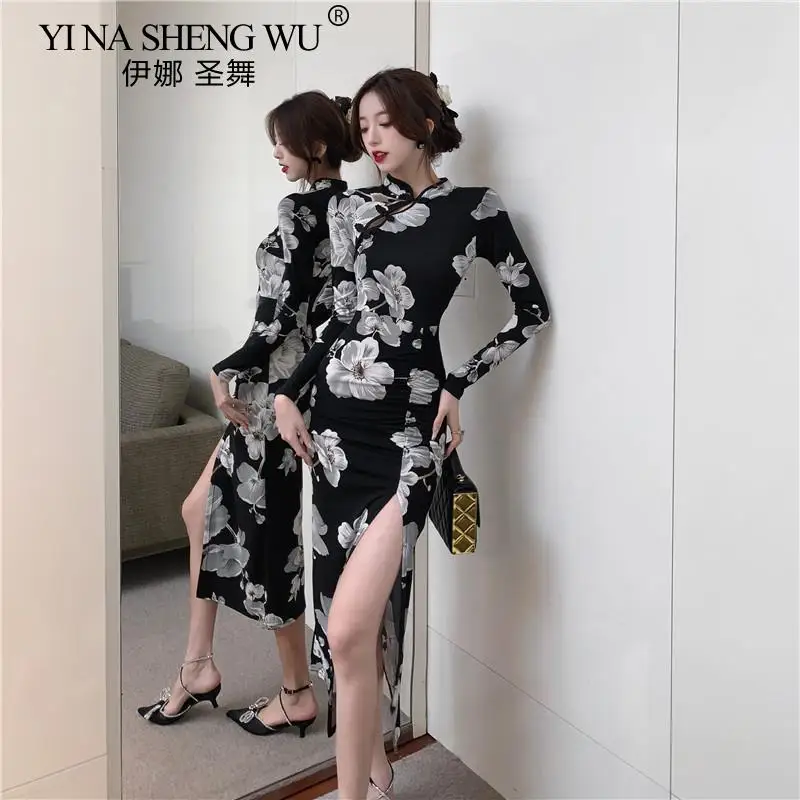 Autumn Retro Print New Improved Waist Pleat Slit Mid-length Cheongsam Dress Long Sleeve Dress Elegant Cheongsam Black Long Skirt