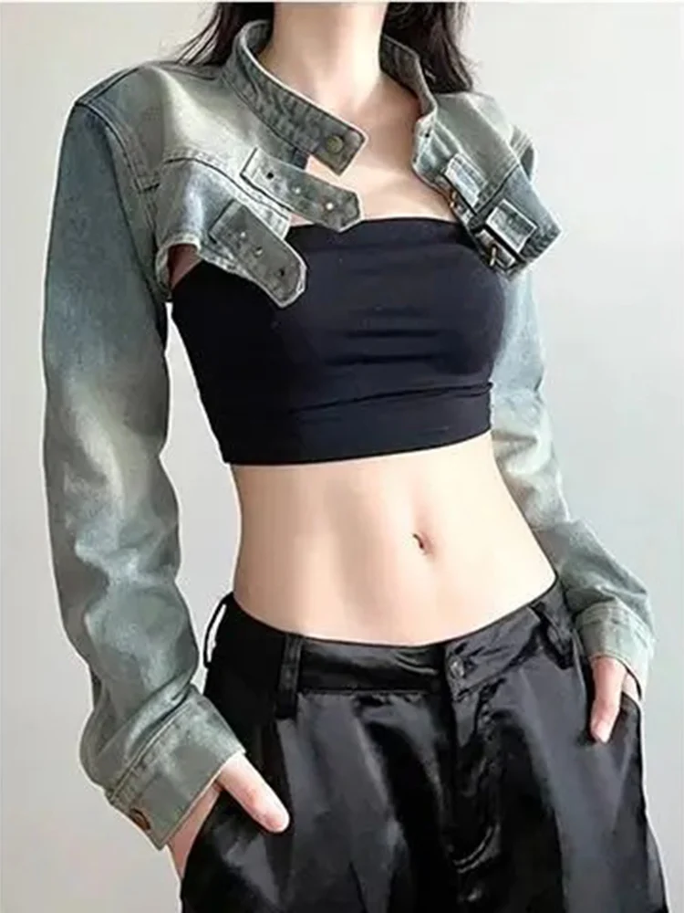 

Spring And Summer Streetwear Hot Girl Ultra Short Denim Jacket For Women's Fashion Stand Up Collar Coat Y2k Chaqueta Mujer