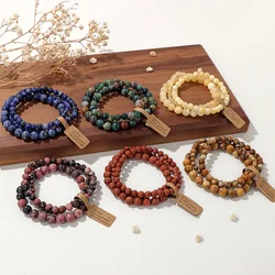 3Pcs Natural Stone 4 6 8 mm Beads Bracelet Set For Women Men Rhodonite Indian Agates Elastic Bangles With Blessing Tag Jewelry