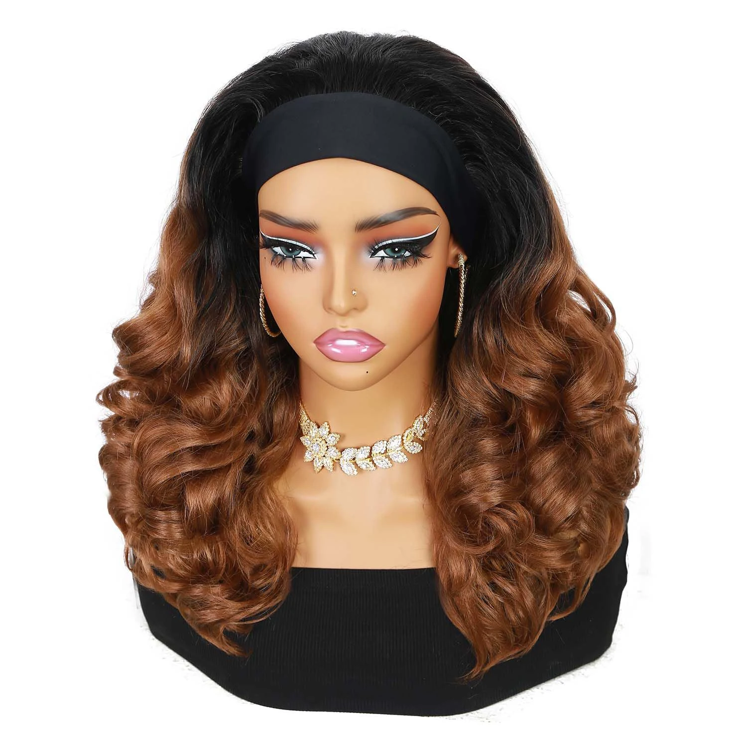 Yaki Curly Headband Wigs for Black Women Kinky Straight Ombre Brown Headband Curly Ends Synthetic Wear and Go Glue view 3
