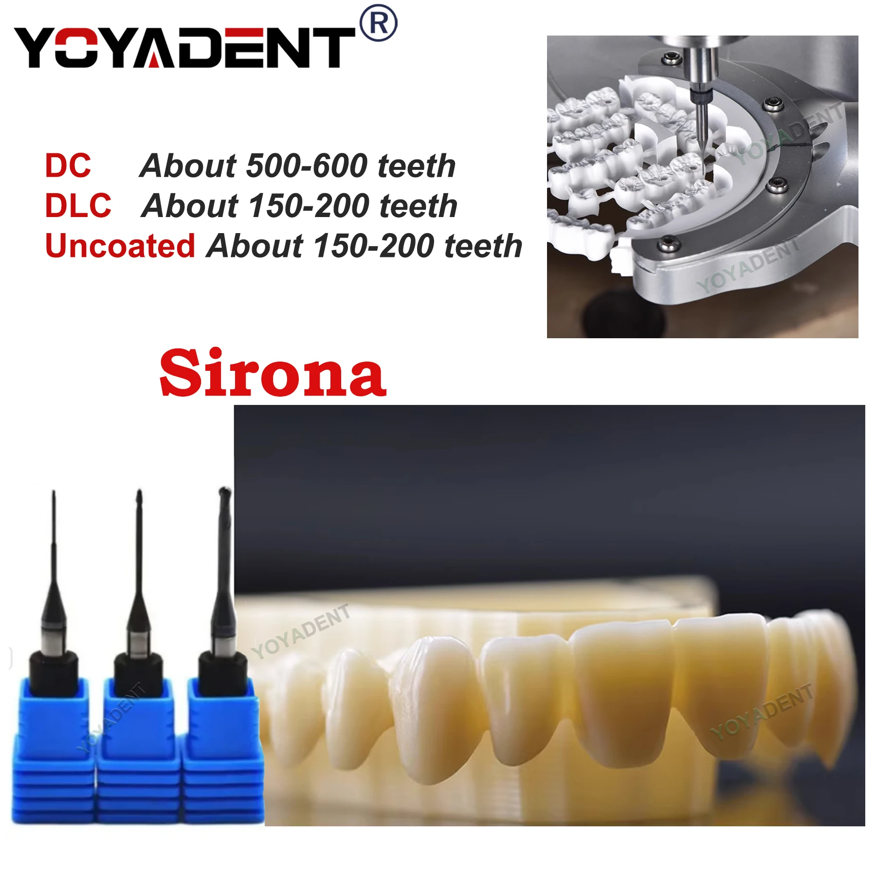 Sirona MCX5 Dentalfräsblöcke aus Zirkonoxid, Fräser 0,5 mm/1,0 mm/2,5 mm, CAD/CAM-Fräser mit diamantähnlicher Beschichtung – Detail 1