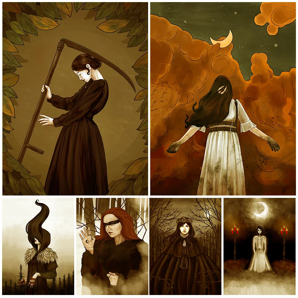 The Lady Of Thorns And White Gothic Haunting Ghost Vintage Wall Art Canvas Painting Natural Witch Retro Poster Print Home Decor