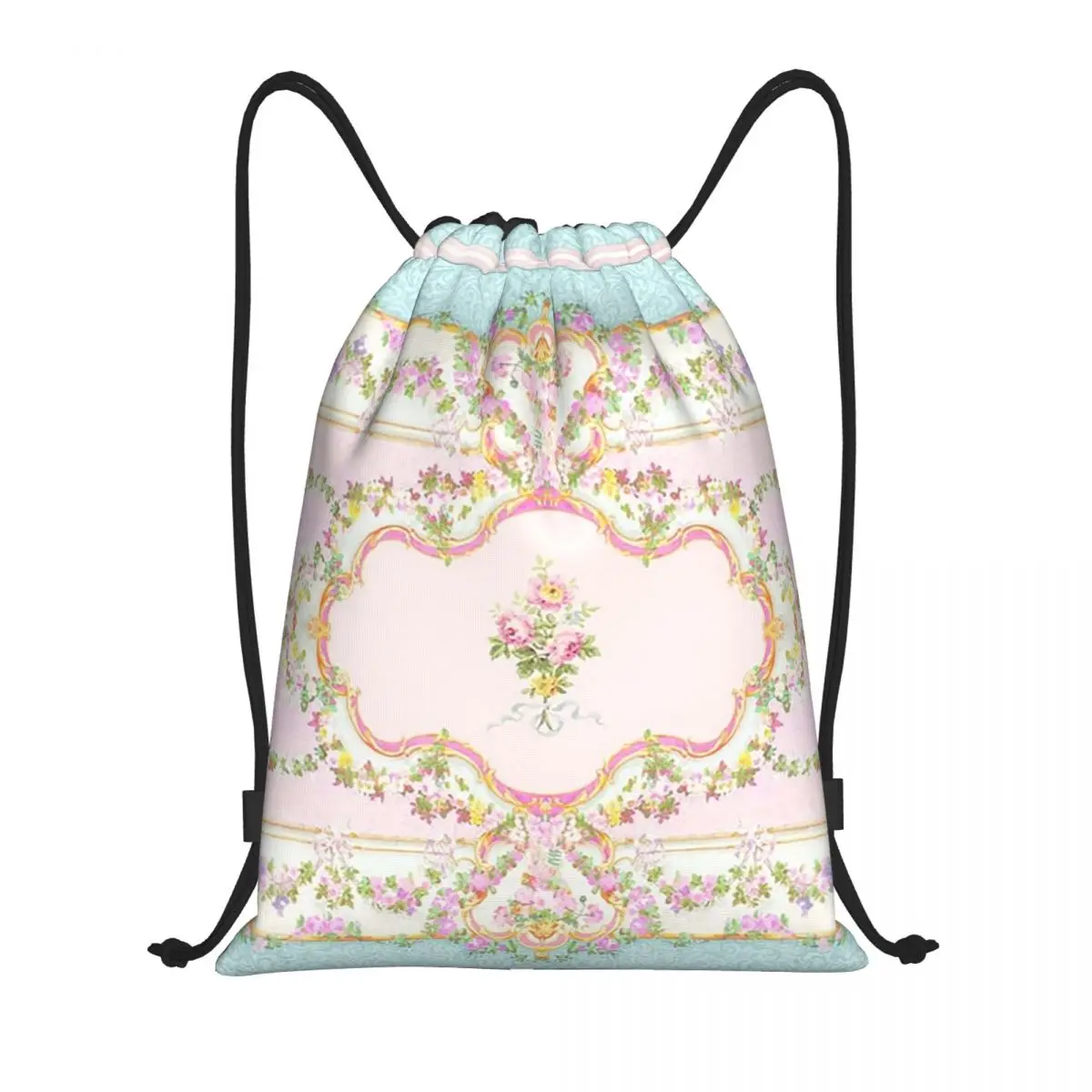 French Rococo Floral Watercolor Panel Backpacks Portable Drawstring Bags Storage Bag Book Bags for Travel Students
