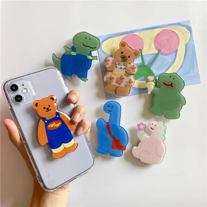 INS Cute 3D Dinasaur Lazy Bracket Phone Grip Tok Griptok Holder Ring For Samsung S23 Accessories Foldable Bear Stand Support