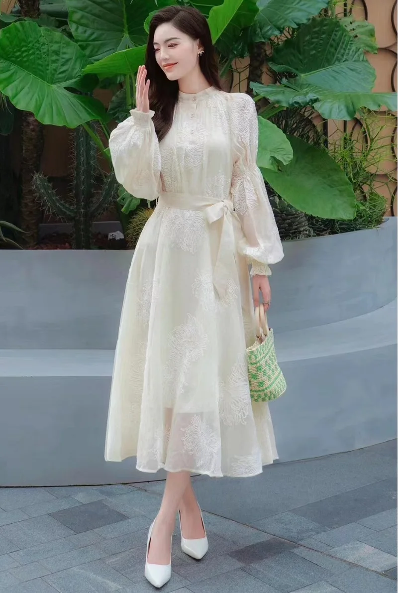 

High Quality Brand New Spring Dress 2025 Women Allover Flower Embroidery Patterns Long Sleeve Black Apricot Dress Clothing XL