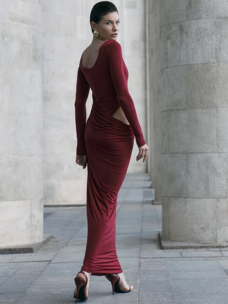 블리판보 우아한 속이 비치는 맥시 드레스 여성 U넥 긴팔 로브 바디콘 백리스 슬림 섹시 클럽 파티 롱 드레스 패션