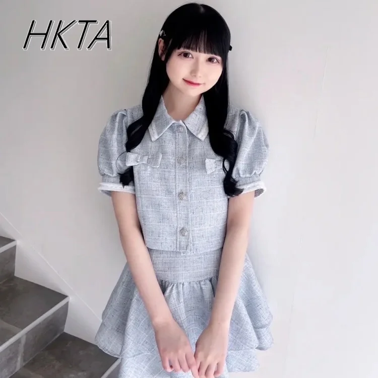 

Japanese Sweet and Cute Lolita Skirt Sets Women Mine Tie Bow Polo Collar Short Sleeve Black Coat Ruffle Edge Mini Skirt Outfit
