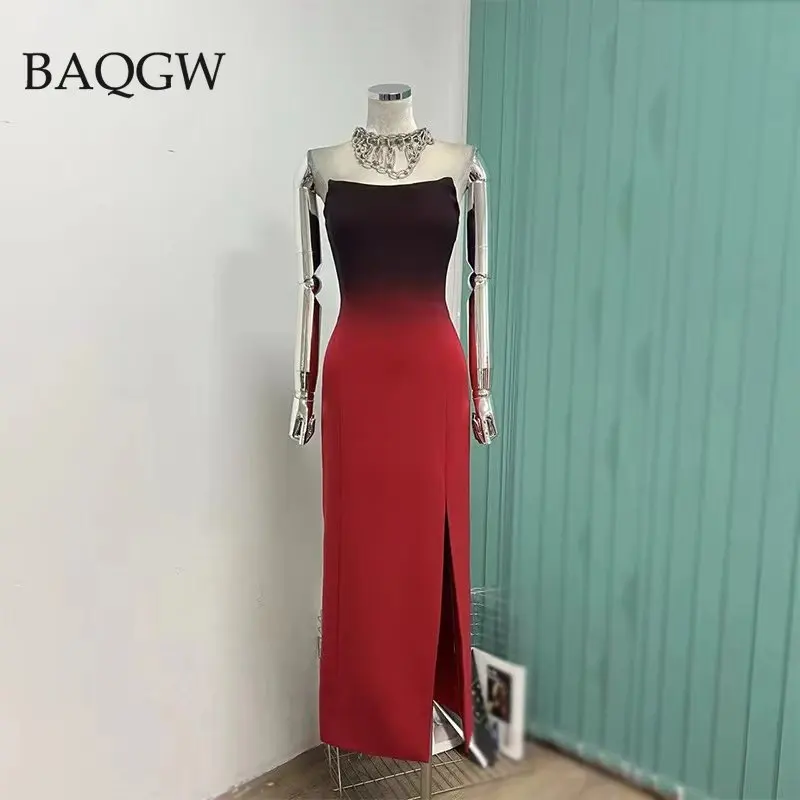 

Elegant Red and Black Gradient Color Block Maxi Long Dress for Women Sexy Strapless Tube Top High Slit Party Evening Dress