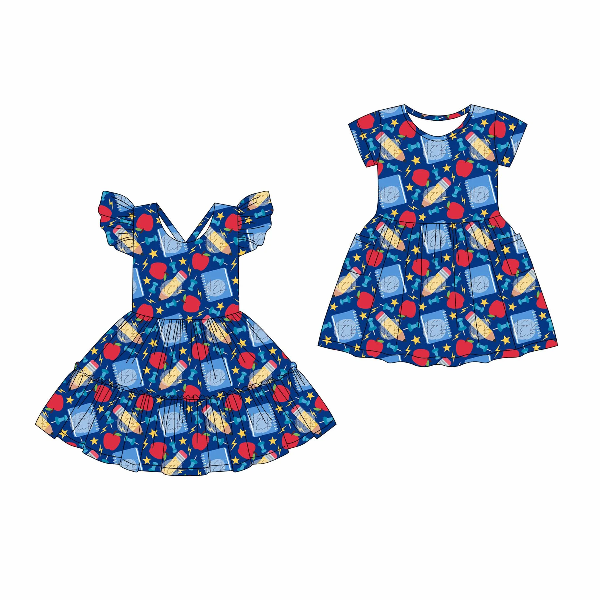 

Летняя мода «Снова в школу», наряды для маленьких девочек, стильное платье для маленьких девочек, платье-карандаш с принтом яблока, маленькое платье с летящими рукавами