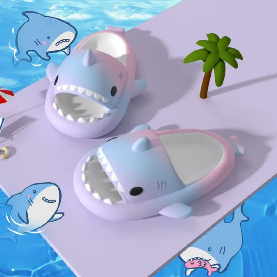 2024 Summer Gradient Shark Slippers Bathroom Slippers Household Anti slip Flat Shoes Girl Boy Beach Shoes Children\'s Fun Sandals