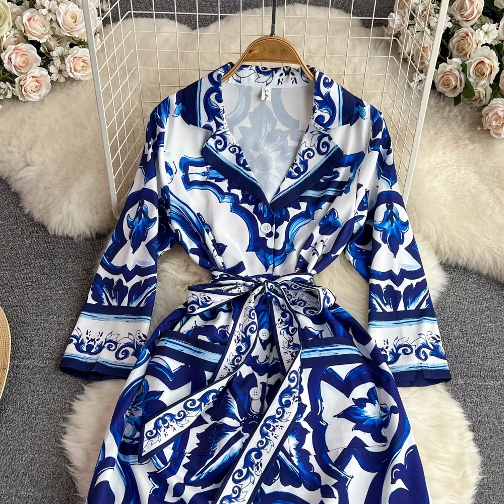 

New Blue And White Porcelain Shirt Long Dress Women Clothing Notched Collar Single Breasted Lace Up Pocket Loose Vestidos