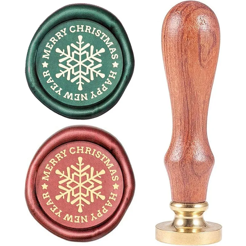 1pc Merry Christmas Wax Seal Stamp Happy New Year Snowflakes Sealing Wax Stamp Vintage Brass Head Wooden Handle Removable 25mm