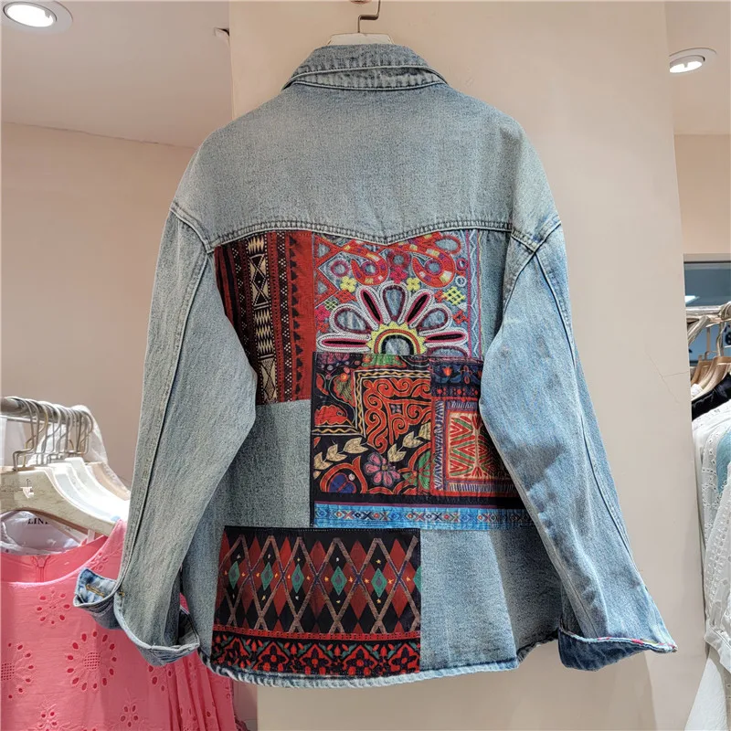 Vintage Blue Embroidery Spliced Denim Jacket Women Loose Short Cowboy Outerwear Long Sleeve Jeans Jacket Female Chaqueta Mujer