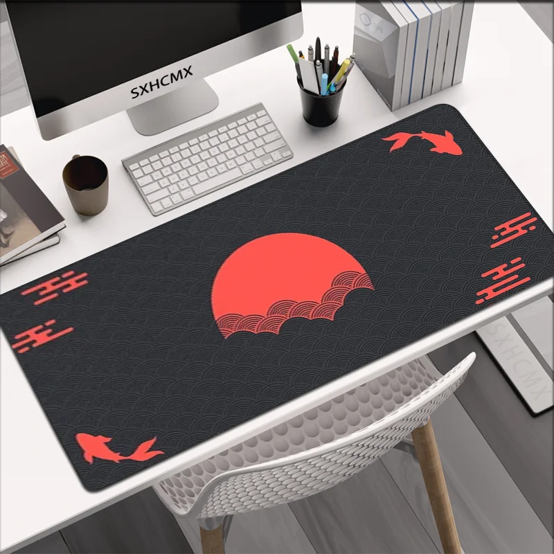 Japońska podkładka na biurko Czarna i czerwona podkładka pod mysz Koi Fish Sun Cloud Japan Art Seal Sunrise Duża gumowa podkładka pod mysz do gier XXL 90x40