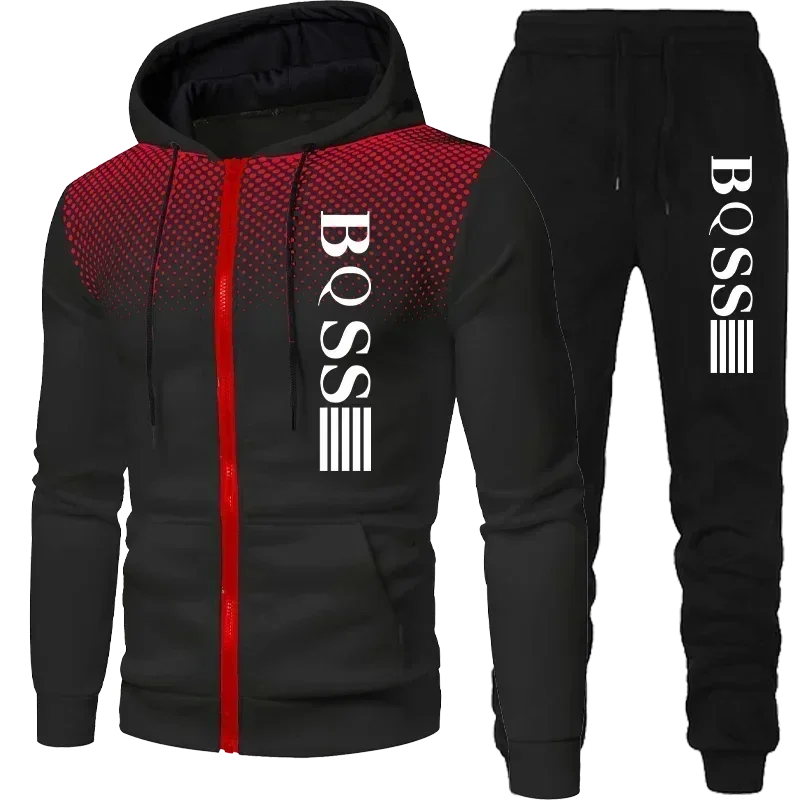 2024 new men\'s sportswear double zipper hooded pants suit sweatshirt cardigan autumn and winter clothes