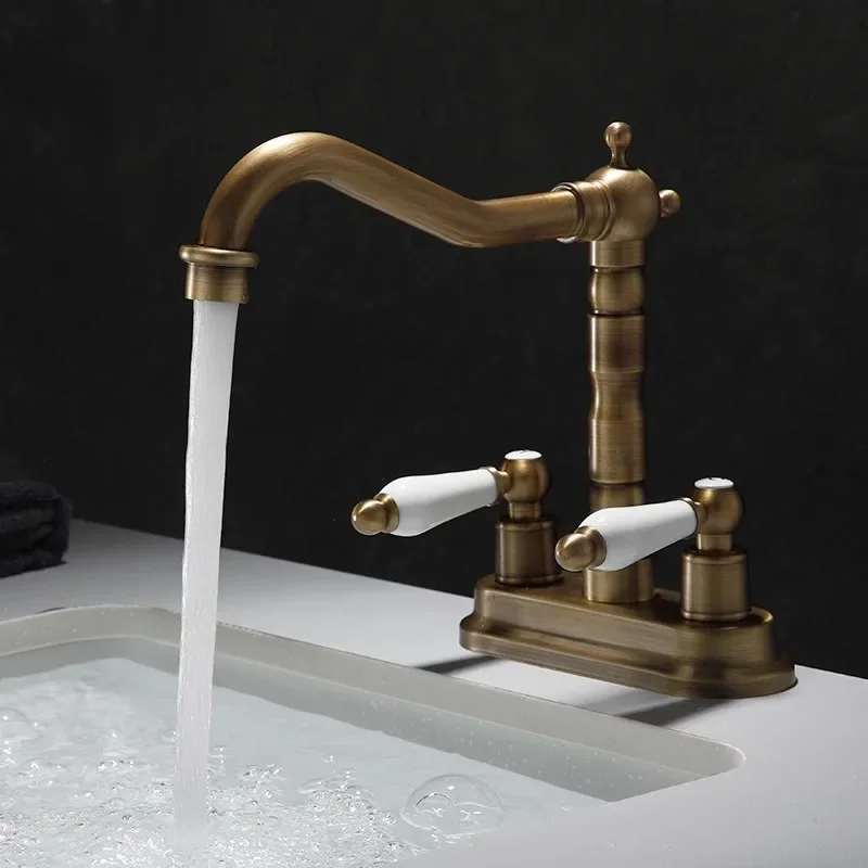 Antique Basin Faucet Double Hole Bathroom Brass Sink Mixer Tap Hot & Cold Deck Mounted Lavatory Crane Water