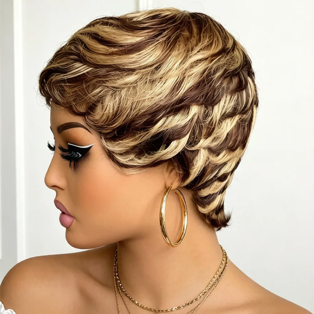 

Short Pixie Cut Hair Wigs 150% density 427 highlight Colors wig 4in machine made pixie layered wig human Wigs for Women
