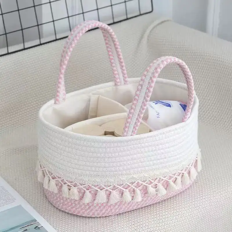 Handwoven Baby Diaper Caddy Divided Storage Basket with Tassel Handle Portable