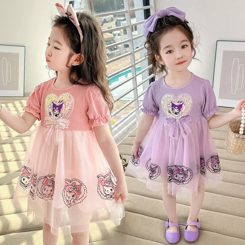 

Kawaii Sanrio Baby Girl Dresses Summer Kids Kuromi Short sleeved Mesh Birthday Party Costume Outfits Children Casual Vestidos