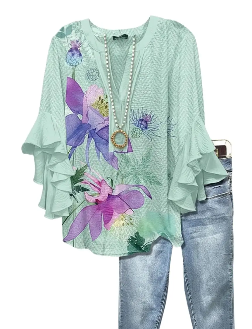 Women's Mint Green Floral Print Ruffle Sleeve Blouse, Casual Tops for Spring Summer Daily Streetwear & Elegant Occasions