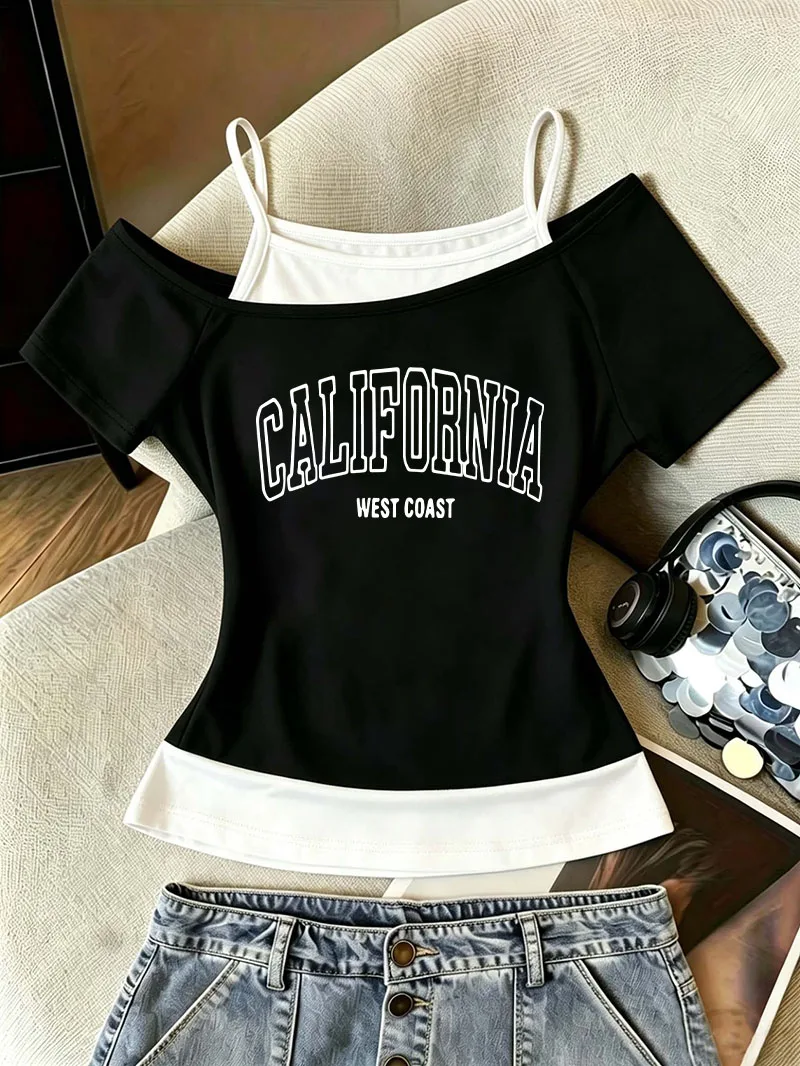 T Shirt Women Fashion T-Shirt Off-Shoulder 90s Trendy California Letter Print 2000s Graphic Chic Girls T Shirt Y2k Tops Tee